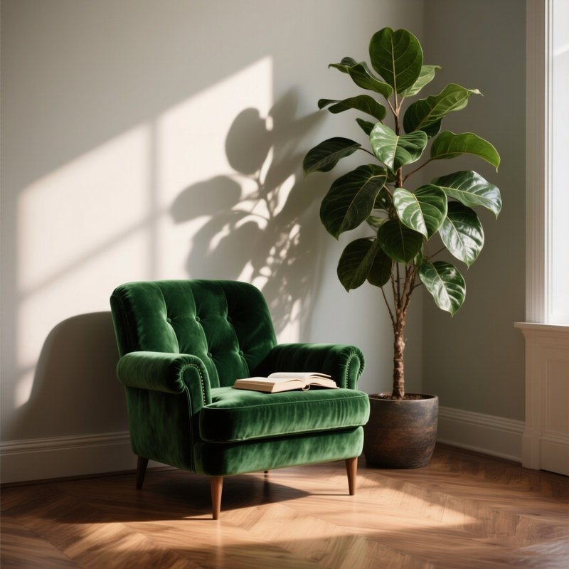 A Deep Emerald Green Velvet Armchair Placed In A Cozy Reading Corner Next To A Tall, Lush Fiddle Leaf Fig Plant, With Soft Afternoon Light Casting Dramatic Leaf Shadows Across The Wooden Floor.