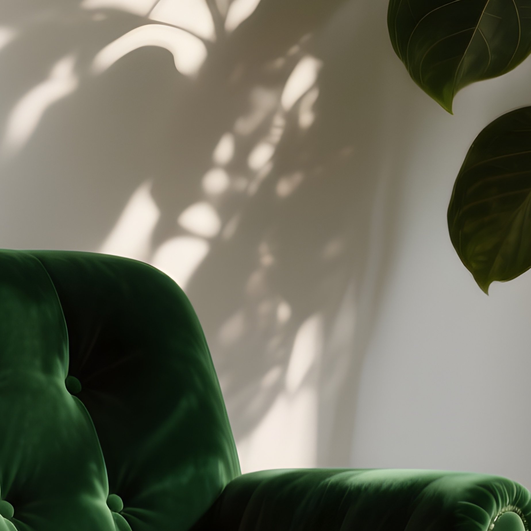 A Deep Emerald Green Velvet Armchair Placed In A Cozy Reading Corner Next To A Tall, Lush Fiddle Leaf Fig Plant, With Soft Afternoon Light Casting Dramatic Leaf Shadows Across The Wooden Floor. - Full Resolution Quality Preview