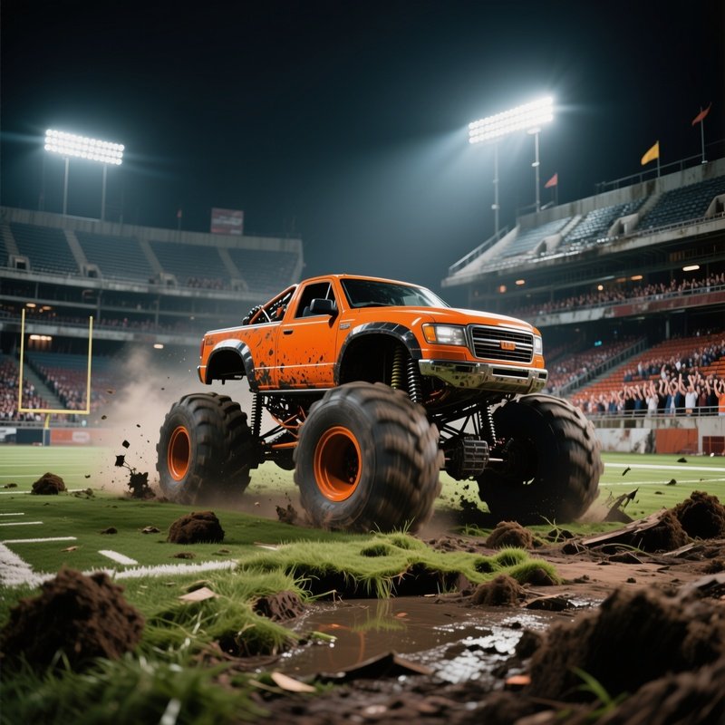 A Deep Orange Monster Truck Powers Across An Abandoned Football Stadium Under Floodlights, The