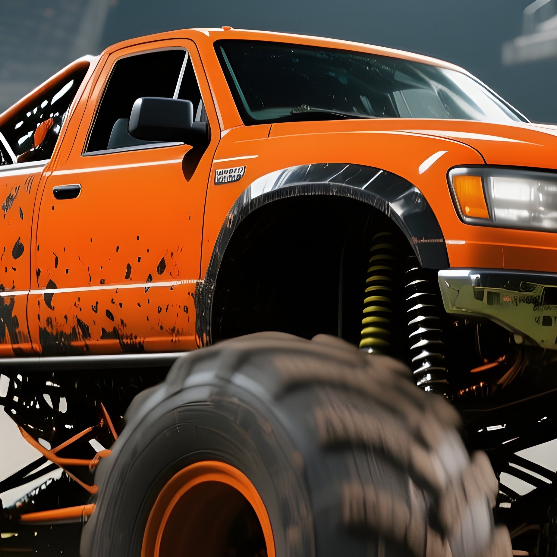 A Deep Orange Monster Truck Powers Across An Abandoned Football Stadium Under Floodlights, The - Full Resolution Quality Preview