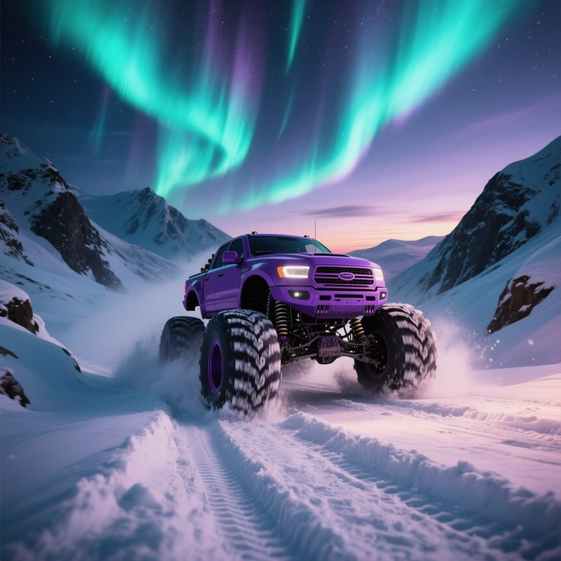 A Deep Purple Monster Truck Barrels Through A Snow Covered Mountain Pass At Dusk, Leaving Massive