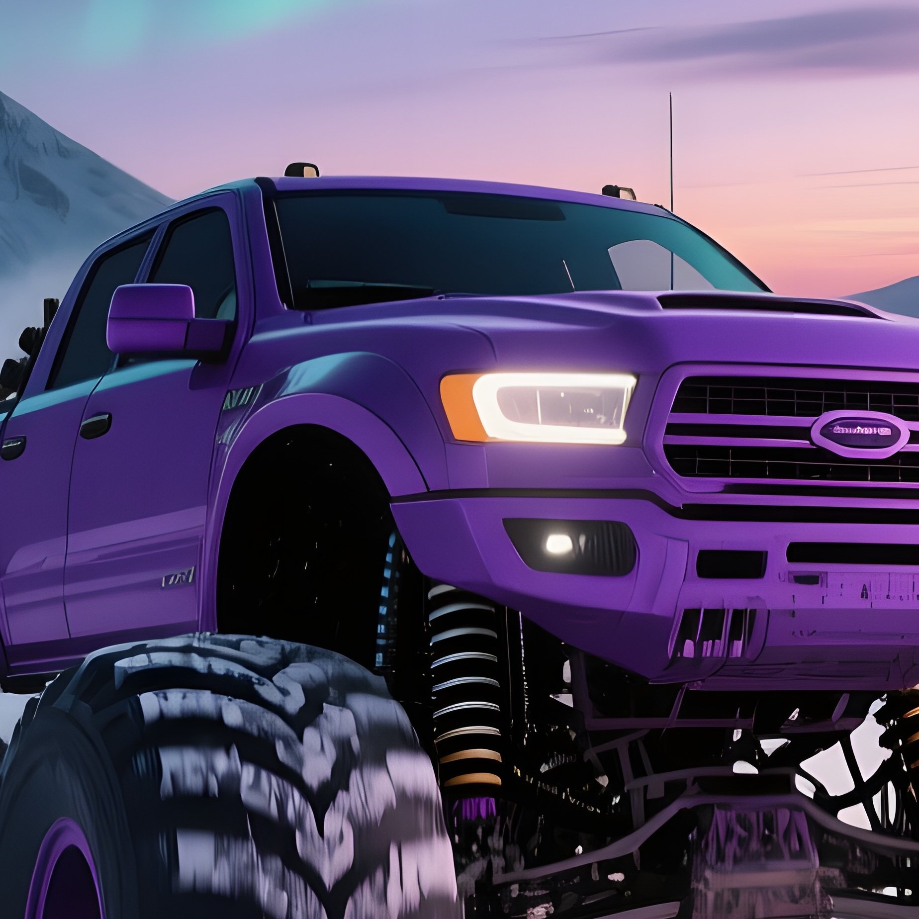 A Deep Purple Monster Truck Barrels Through A Snow Covered Mountain Pass At Dusk, Leaving Massive - Full Resolution Quality Preview