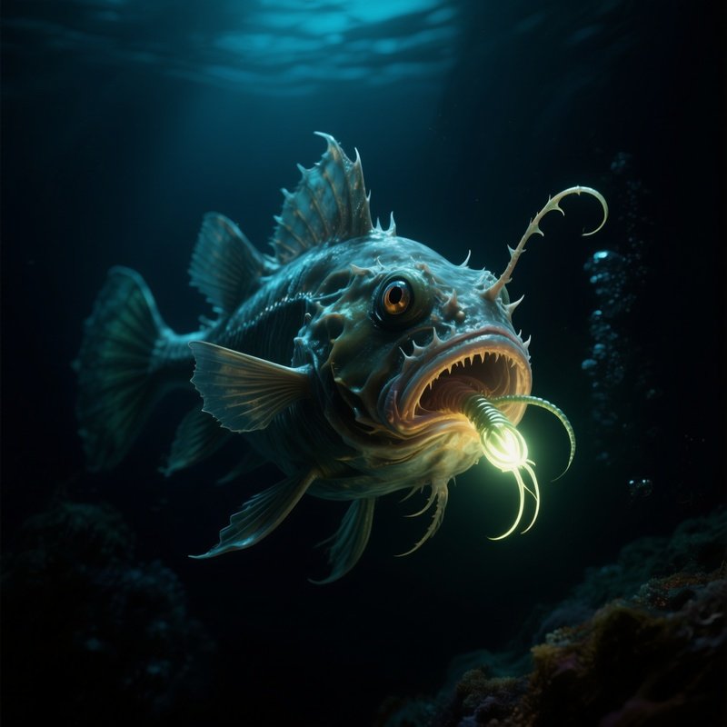 A Deep Sea Anglerfish Illuminated Only By Its Glowing Lure In Total Darkness.