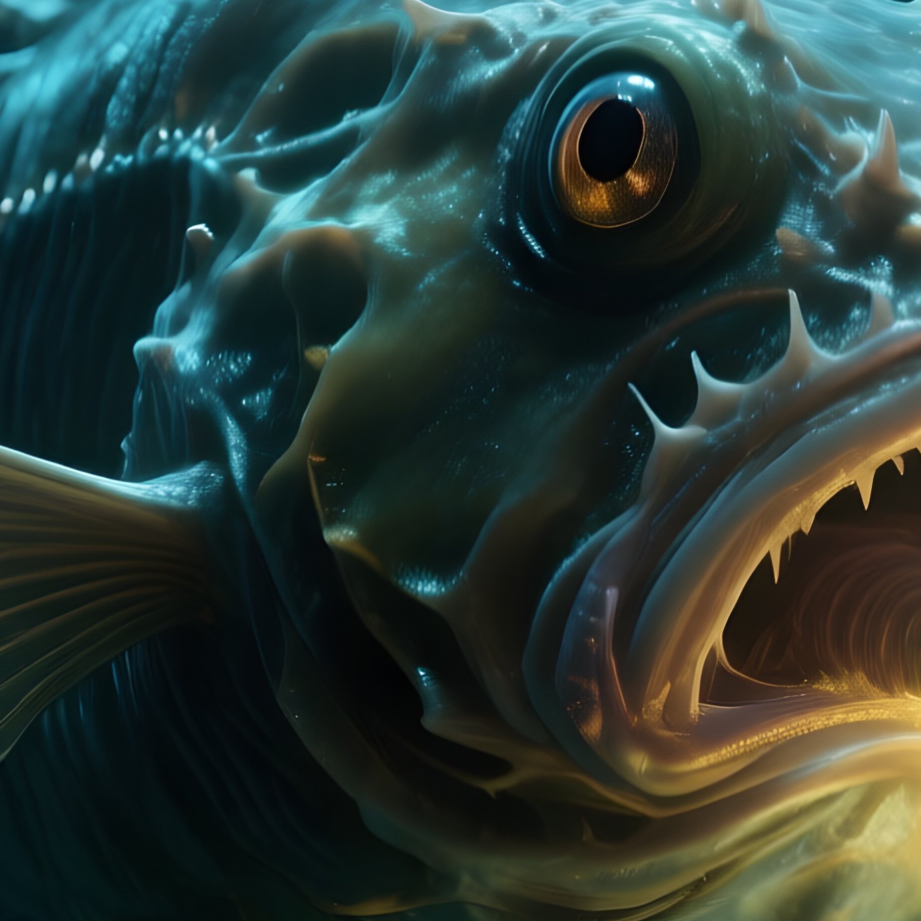 A Deep Sea Anglerfish Illuminated Only By Its Glowing Lure In Total Darkness. - Full Resolution Quality Preview