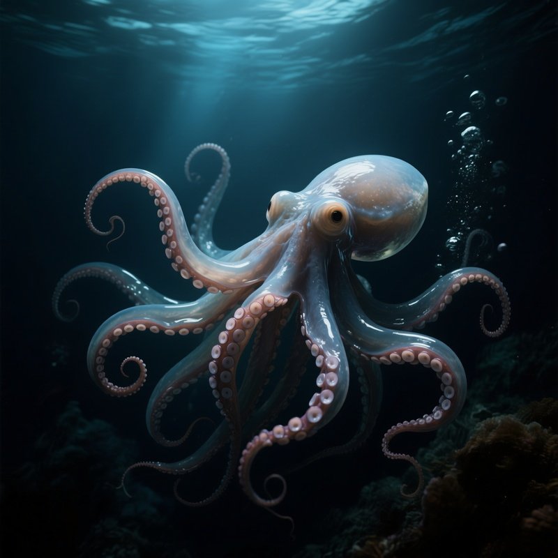 A Deep Sea Dumbo Octopus Unfolding Its Gelatinous Fins In Darkness.