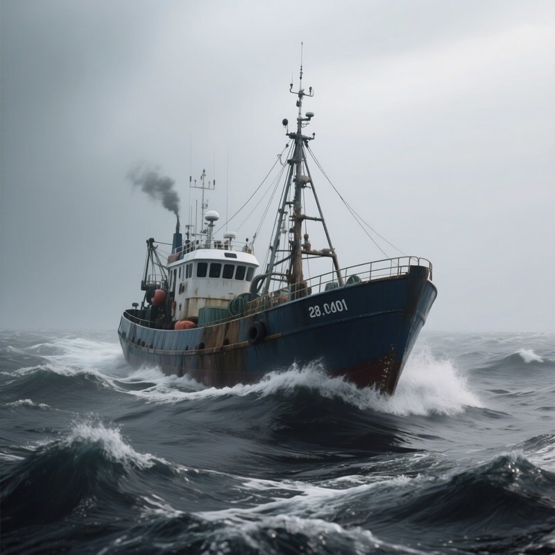 A Deep Sea Fishing Vessel Navigating Rough Gray Waters