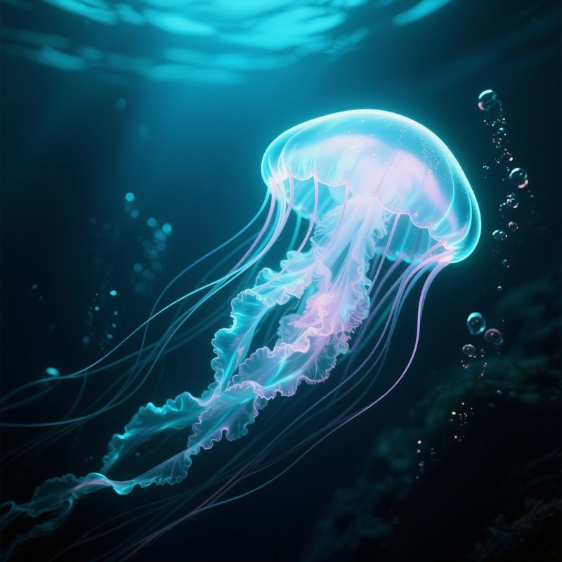 A Deep Sea Ghost Jelly Undulating With Soft Neon Glow.