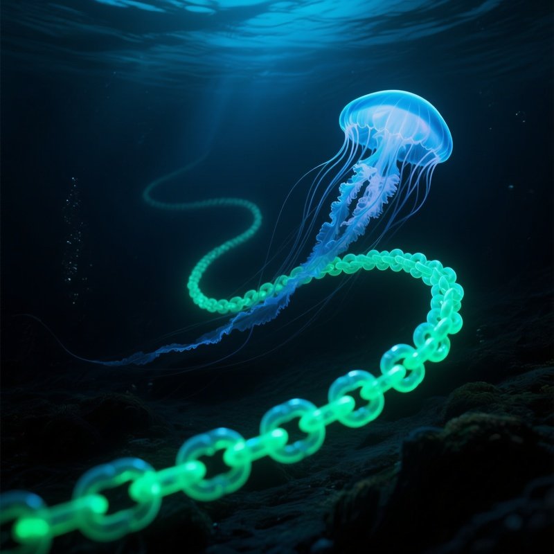 A Deep Sea Siphonophore Stretching Like A Glowing Chain In Darkness