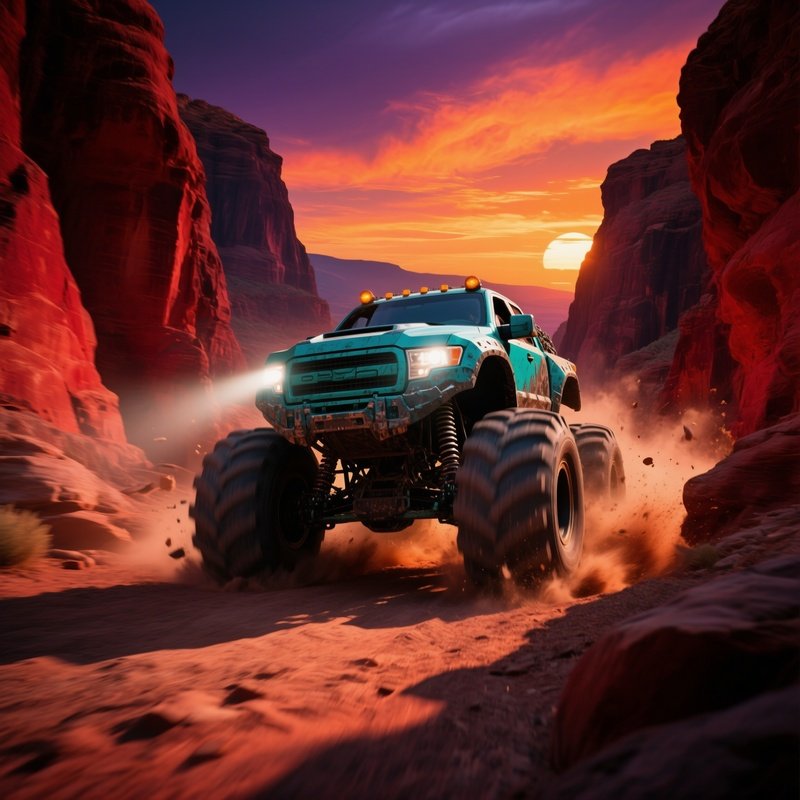 A Deep Teal Monster Truck Powers Through A Canyon At Dusk