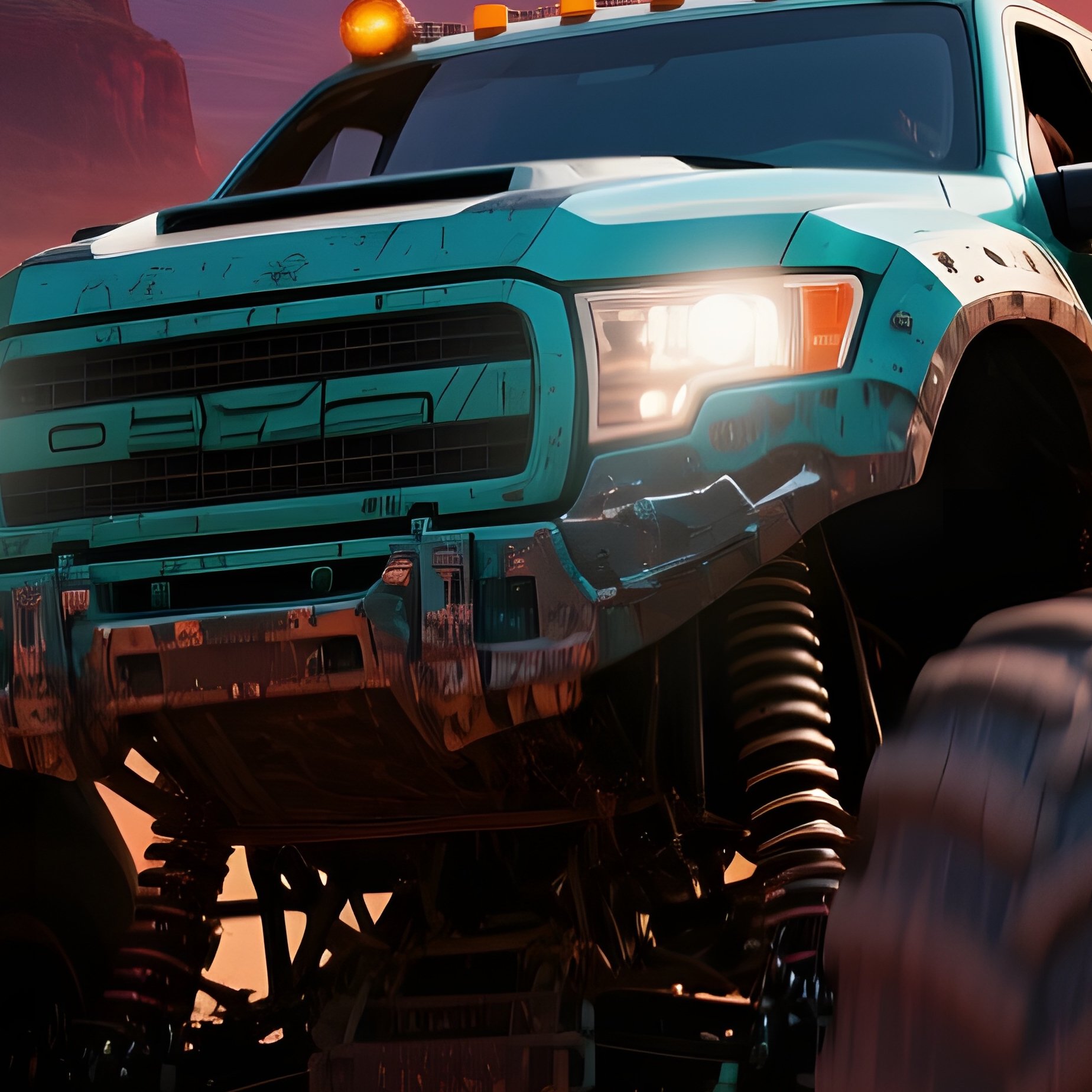 A Deep Teal Monster Truck Powers Through A Canyon At Dusk - Full Resolution Quality Preview