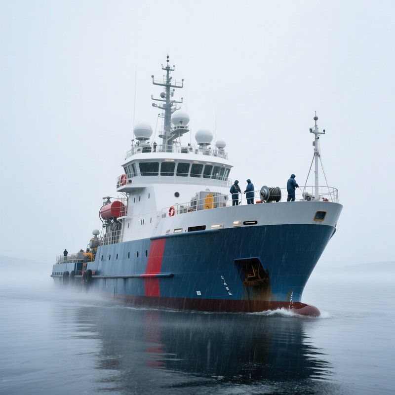A Deepwater Survey Vessel Operating During Light Drizzle