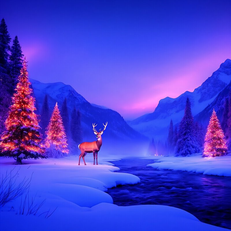 A Deer In A Winter Landscape With Illuminated Christmas Trees