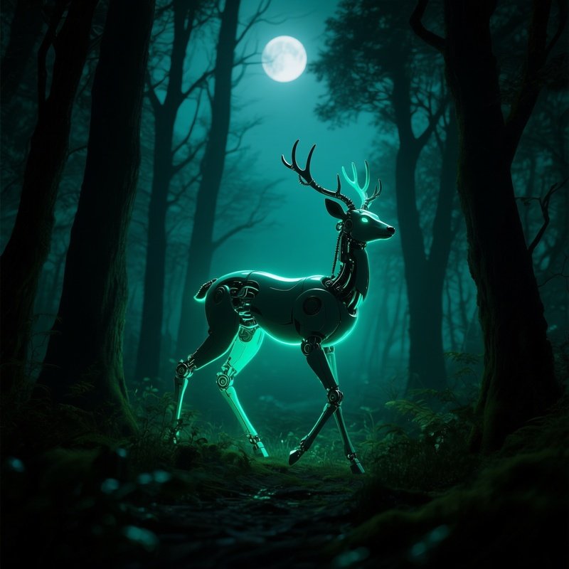 A Deer Robot Glowing In The Dark Forest