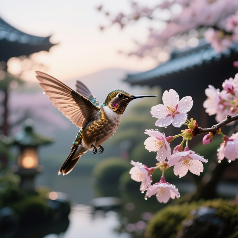 A Delicate Bronze Hummingbird Frozen Mid‑Flight Beside Blooming Cherry Blossoms In A Tranquil