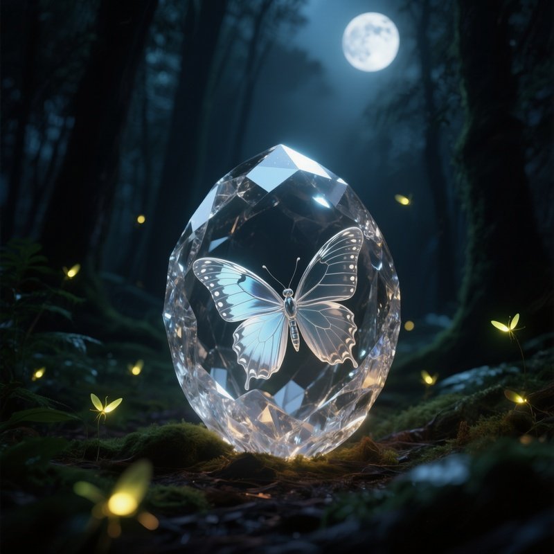 A Delicate Glass Butterfly Emerging From A Crystal Cocoon In A Dark Forest Clearing Illuminated By