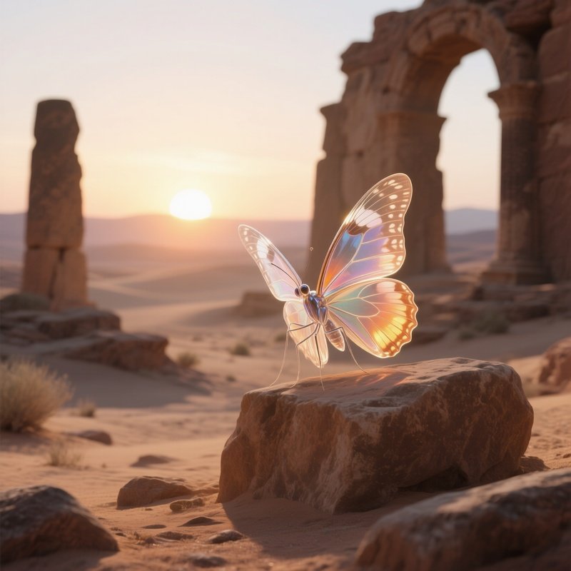 A Delicate Glass Butterfly Perched On An Ancient Stone Relic In A Desert Ruin, Sunrise Illuminating
