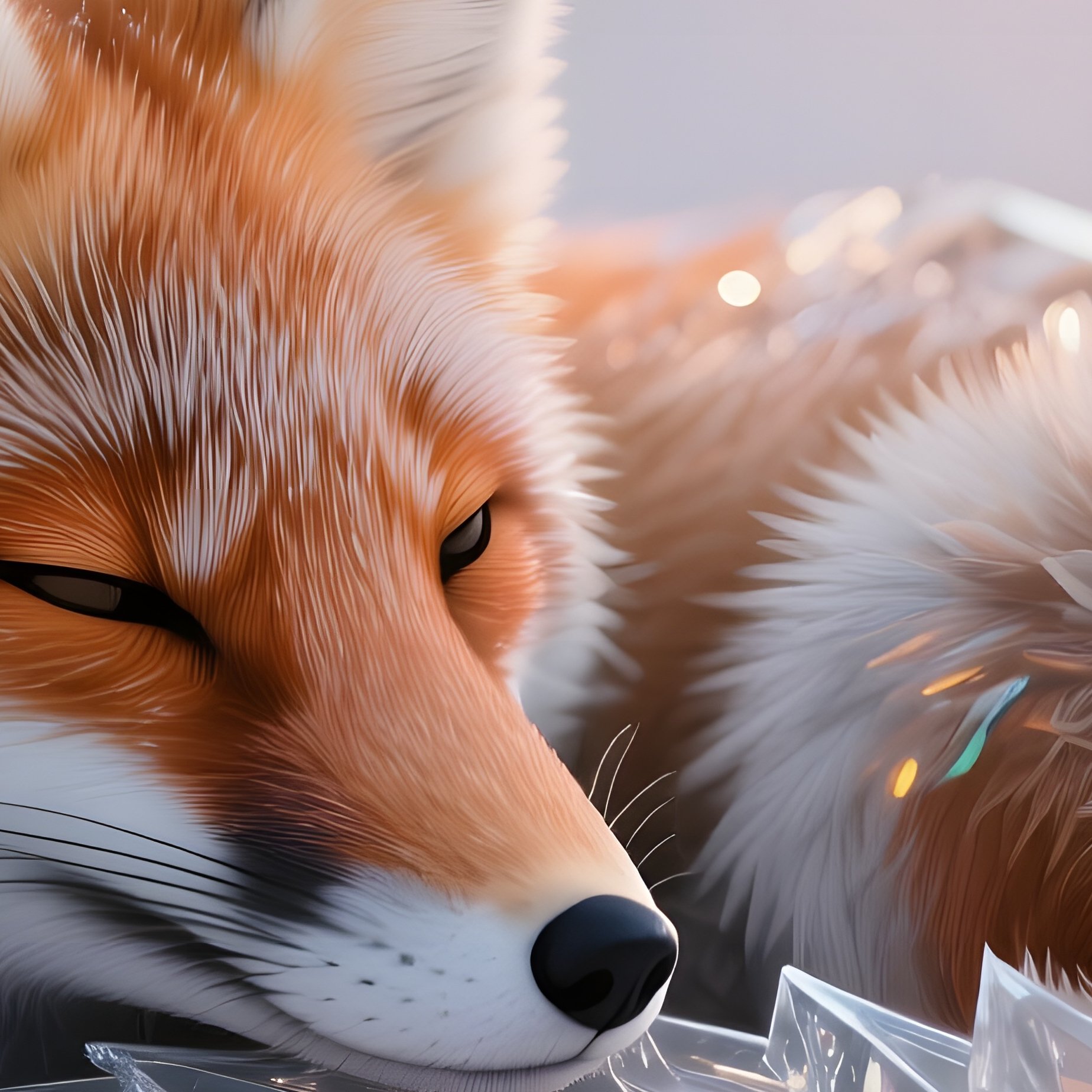 A Delicate Glass Fox Curled Up Among Frosted Pine Needles In A Winter Wonderland, Sunrise Glinting - Full Resolution Quality Preview