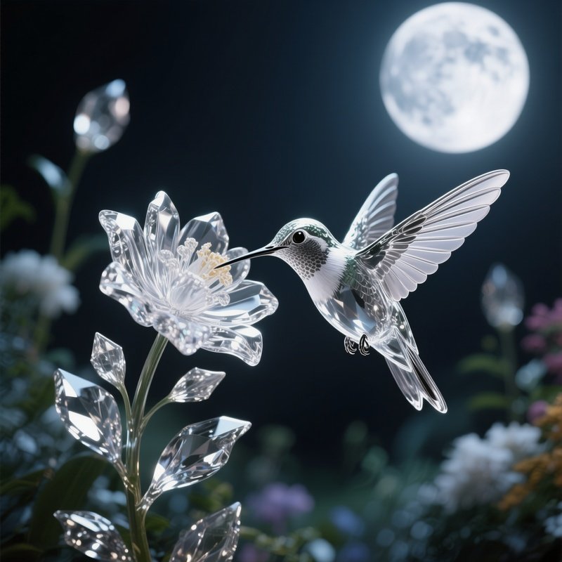 A Delicate Glass Hummingbird Feeding From A Crystal Flower In A Moonlit Garden, Silver Light