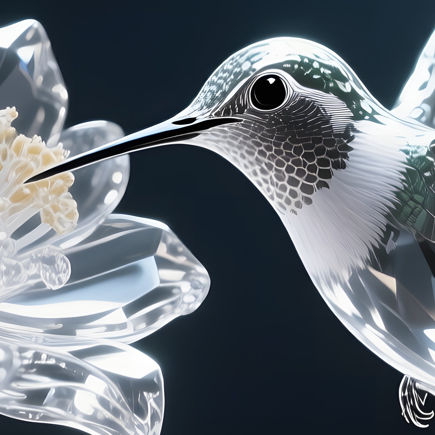 A Delicate Glass Hummingbird Feeding From A Crystal Flower In A Moonlit Garden, Silver Light - Full Resolution Quality Preview