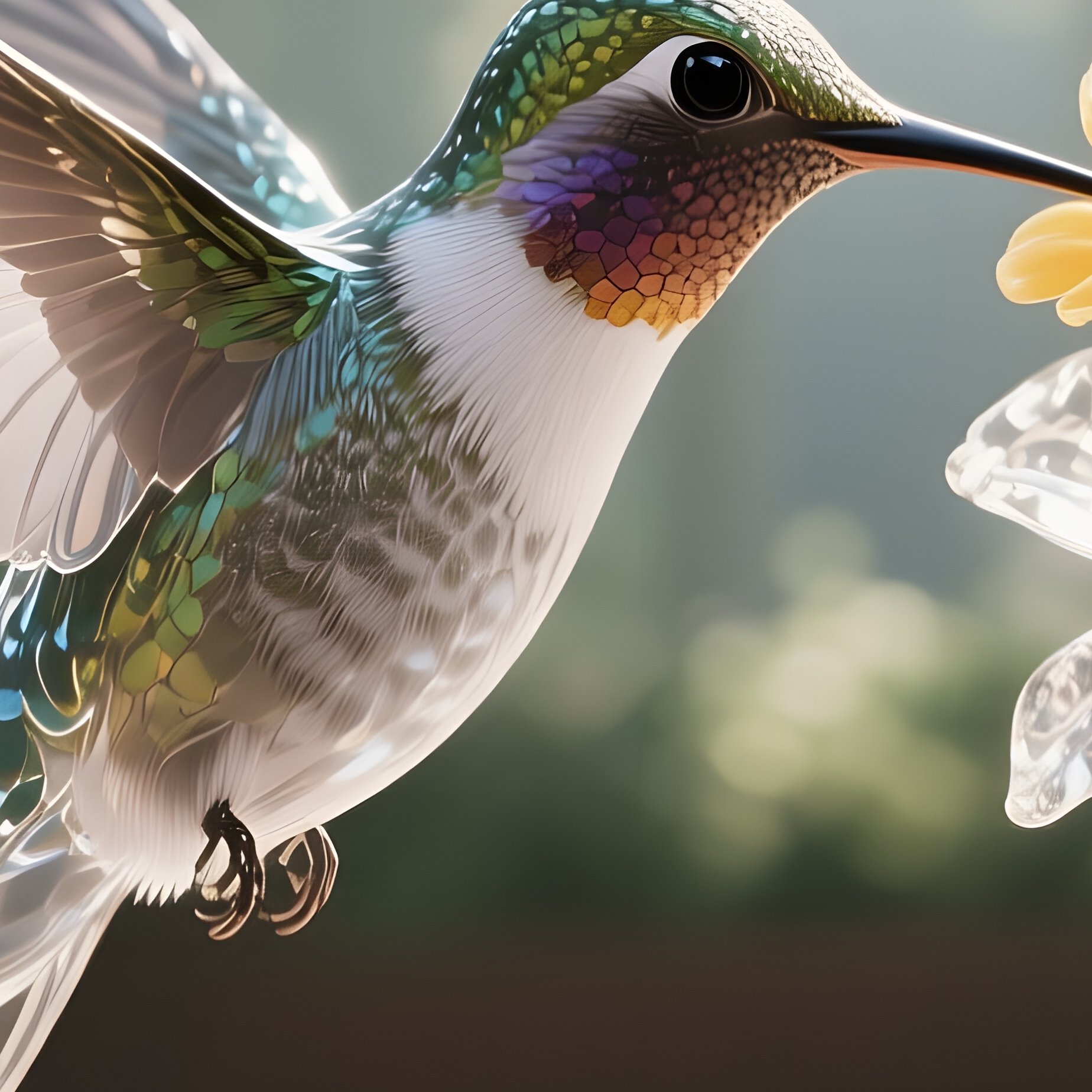 A Delicate Glass Hummingbird Sipping Nectar From A Crystal Flower In A Sunlit Greenhouse, Soft - Full Resolution Quality Preview
