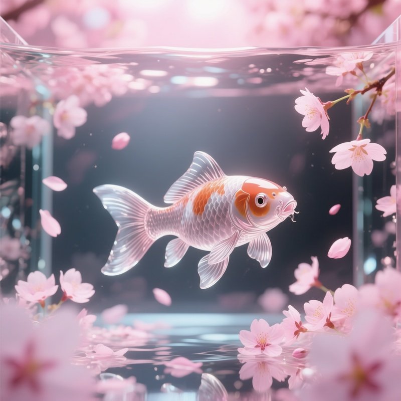 A Delicate Glass Koi Fish Swimming Through A Crystal Aquarium Filled With Floating Cherry Blossoms,