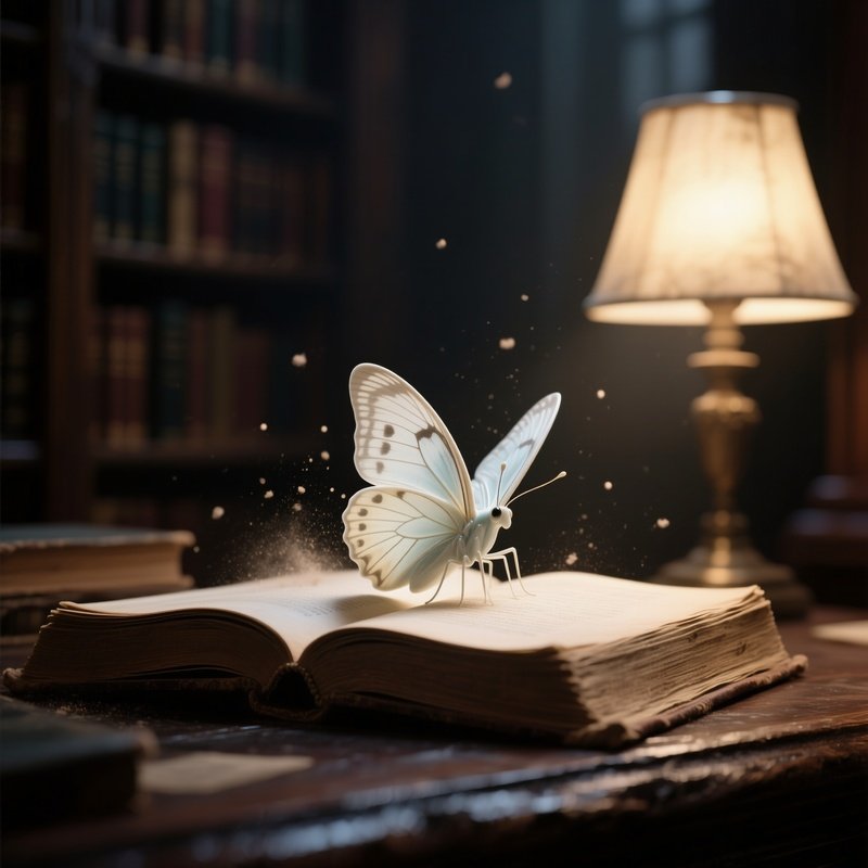A Delicate Porcelain Butterfly Perched On An Aged Book In A Dim Library, Soft Lamplight