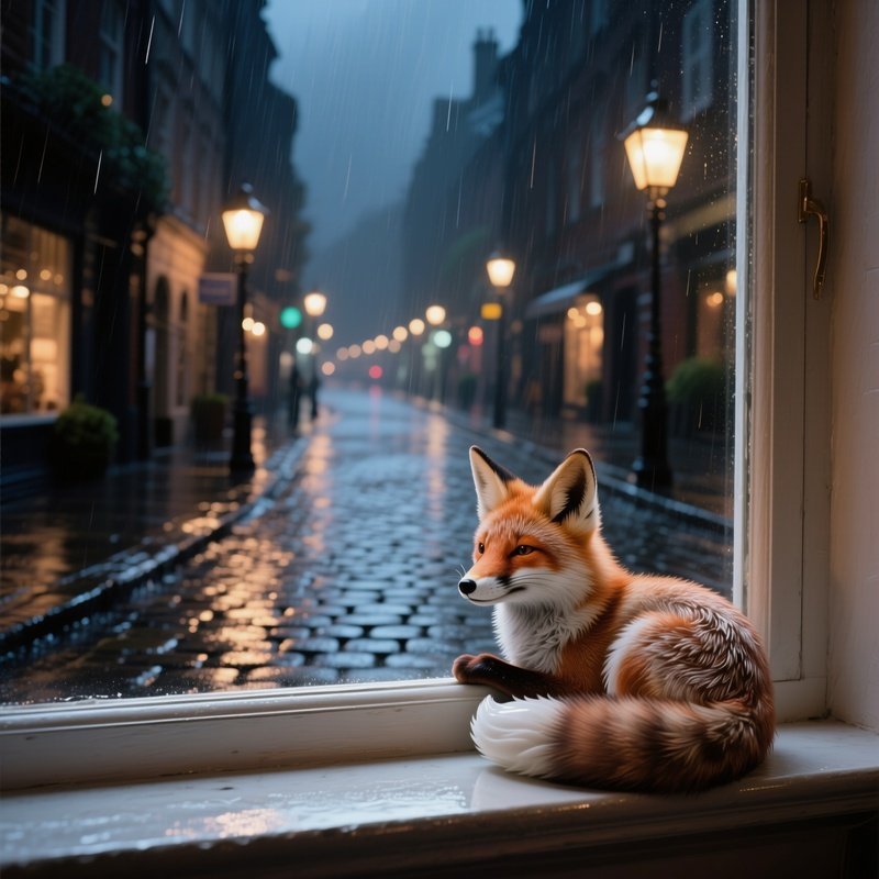 A Delicate Porcelain Fox Curled On A Windowsill Overlooking A Rainy Street At Night, Streetlights