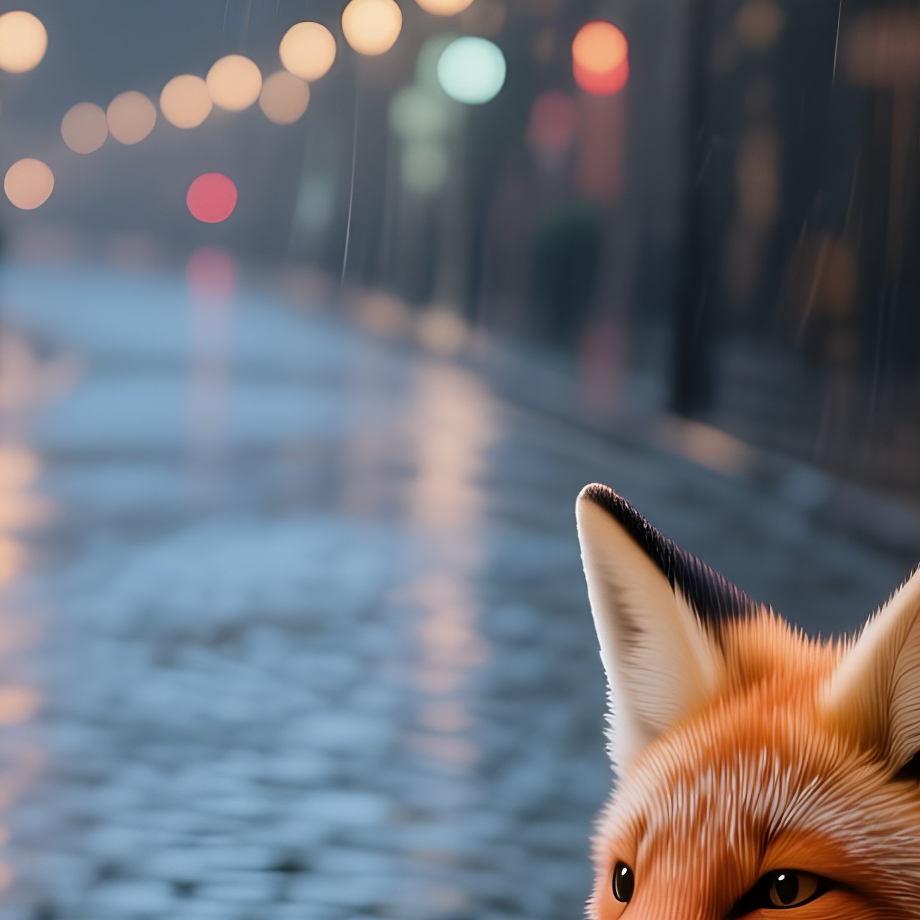 A Delicate Porcelain Fox Curled On A Windowsill Overlooking A Rainy Street At Night, Streetlights - Full Resolution Quality Preview