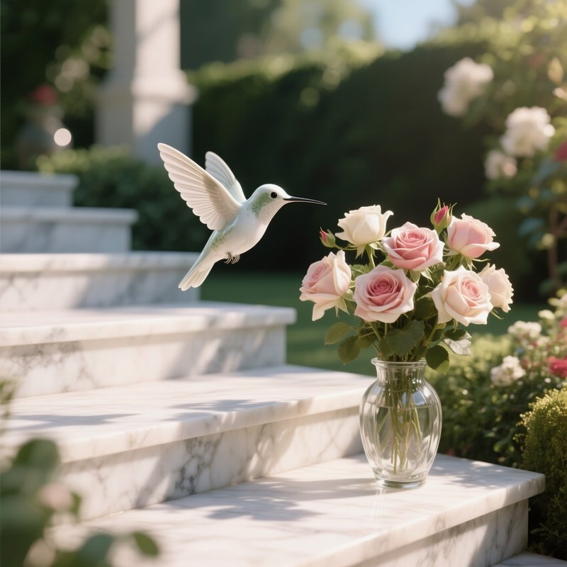 A Delicate Porcelain Hummingbird Hovering Near A Glass Vase Of Fresh Roses In A Sunlit Garden, Soft