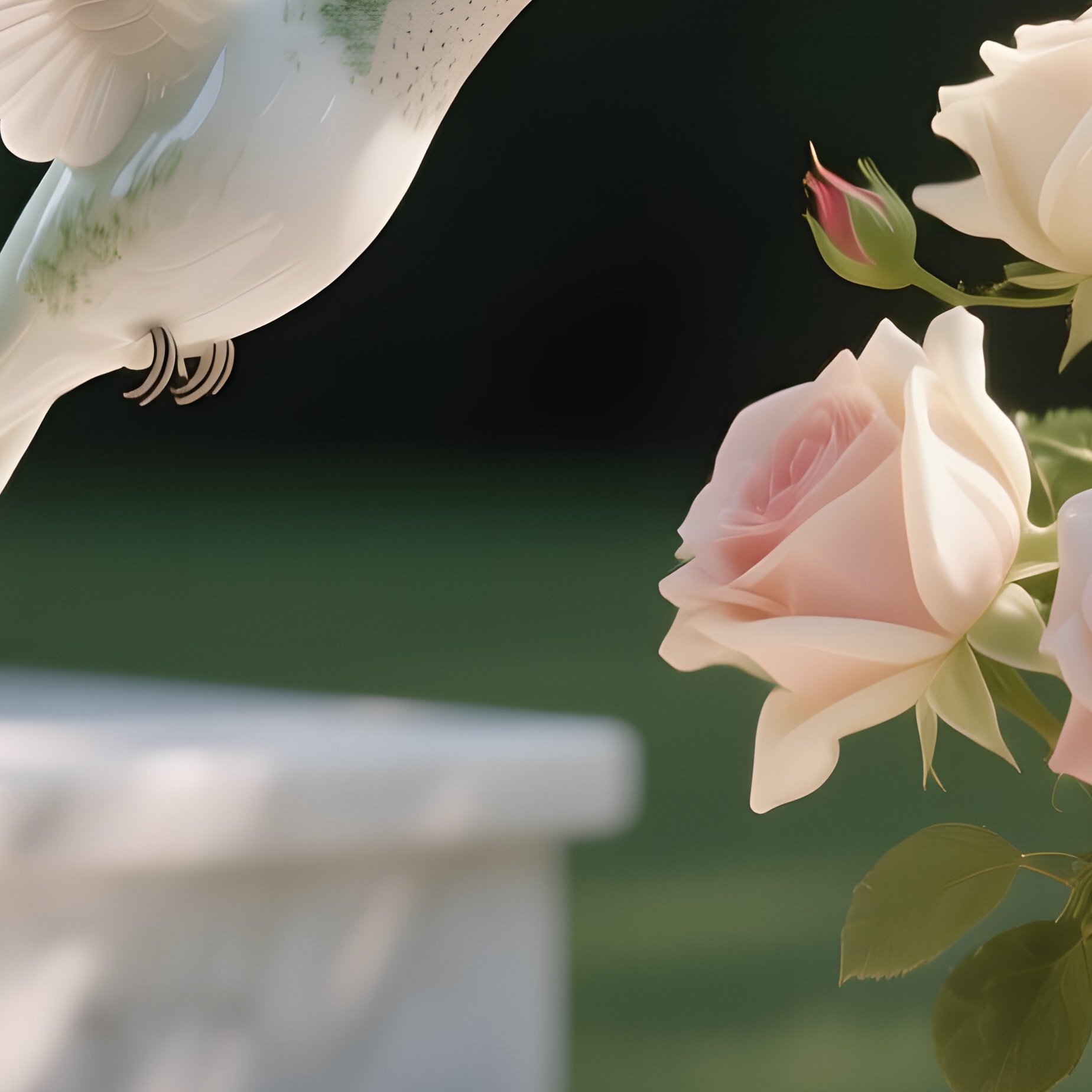 A Delicate Porcelain Hummingbird Hovering Near A Glass Vase Of Fresh Roses In A Sunlit Garden, Soft - Full Resolution Quality Preview