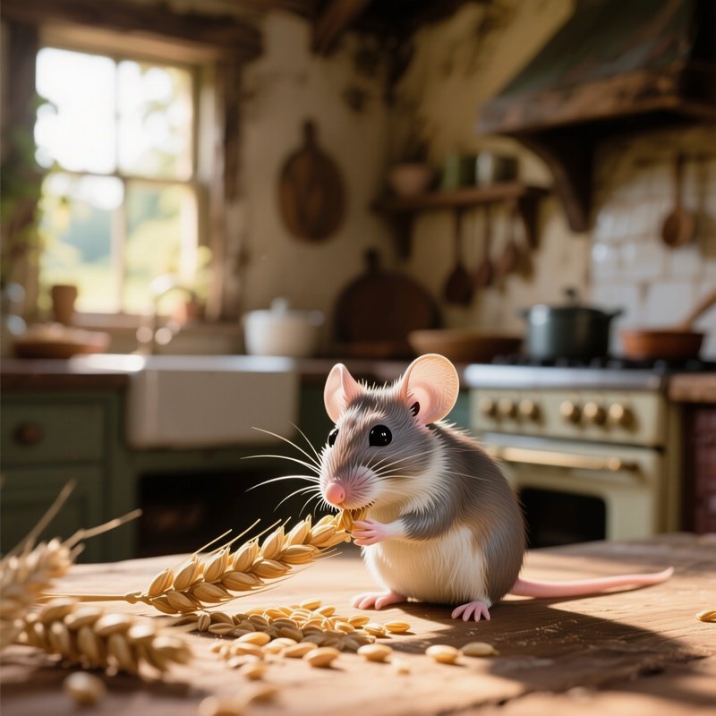 A Delicate Porcelain Mouse Nibbling On A Grain Of Wheat In An Old Farmhouse Kitchen Bathed In Warm