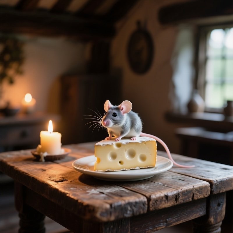 A Delicate Porcelain Mouse Perched On A Slice Of Cheese Atop A Weathered Wooden Table Illuminated