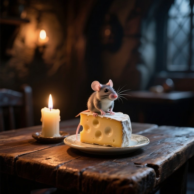 A Delicate Porcelain Mouse Perched On A Slice Of Cheese Atop An Old Wooden Table Illuminated By A