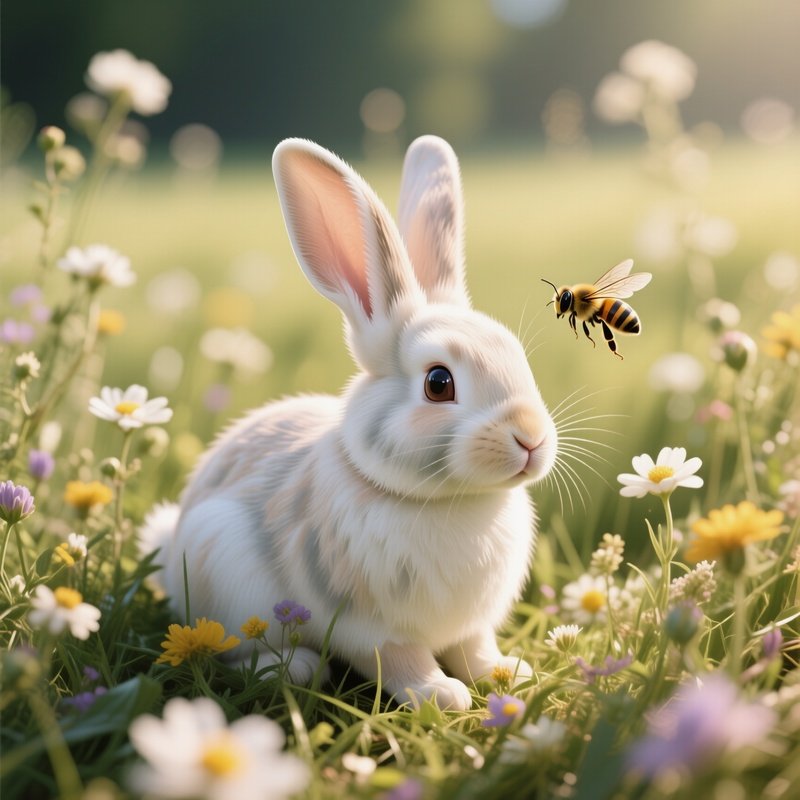 A Delicate Porcelain Rabbit Nestled Among Wildflowers In A Sunlit Meadow, Petals Gently Brushing
