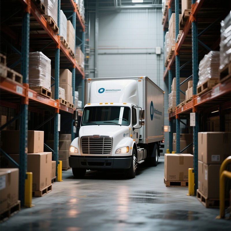 A Delivery Box Truck Maneuvering Through A Tight Warehouse Yard