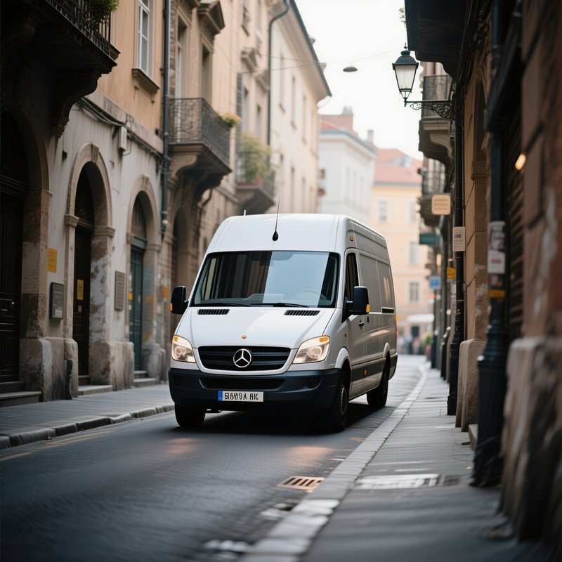 A Delivery Van Driving Through A Narrow European City Street