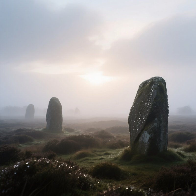 A Dense Foggy Moor At Dawn, Low Lying Clouds Hugging The Ground, Pale Sunlight Breaking Through To