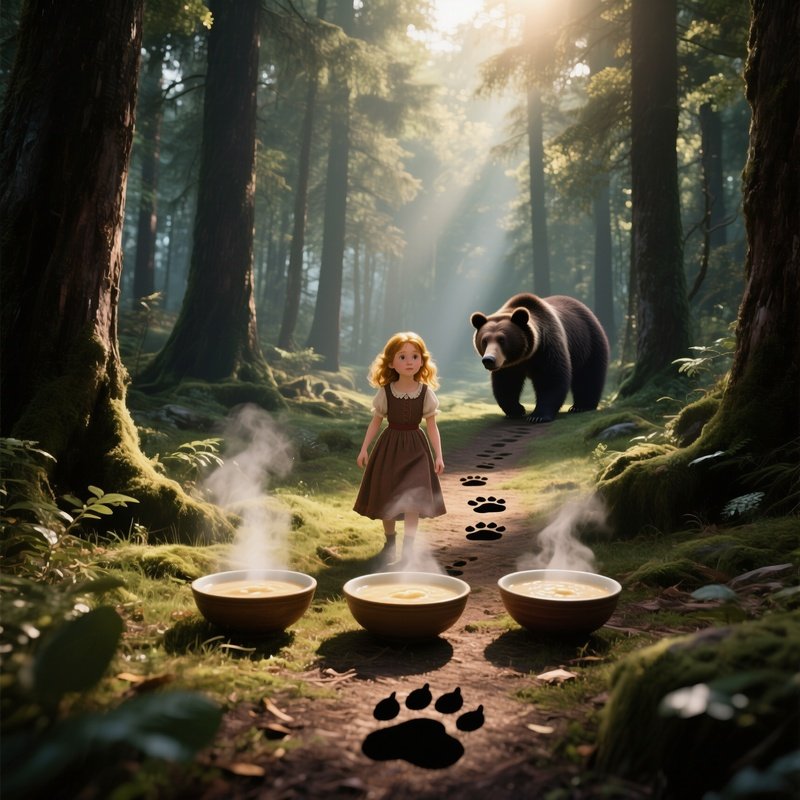 A Dense Forest Glade Bathed In Late Afternoon Sun Where Goldilocks Discovers Three Bowls Of