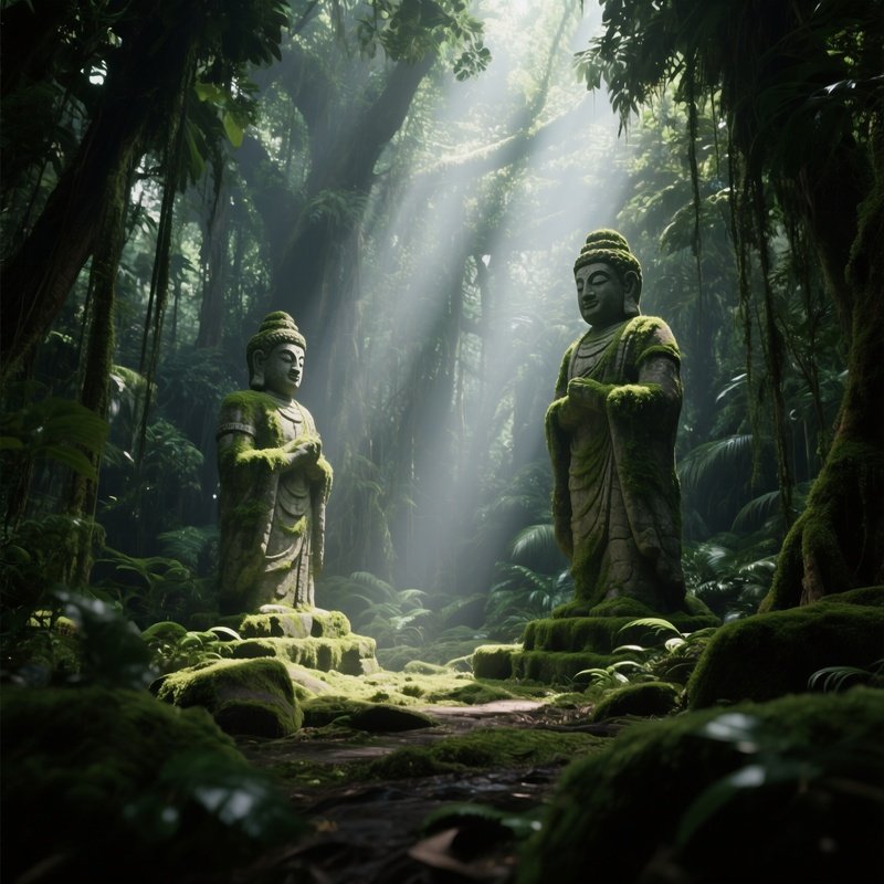 A Dense Jungle Clearing Bathed In Dappled Sunlight, Shafts Of Light Piercing Through Thick Canopy