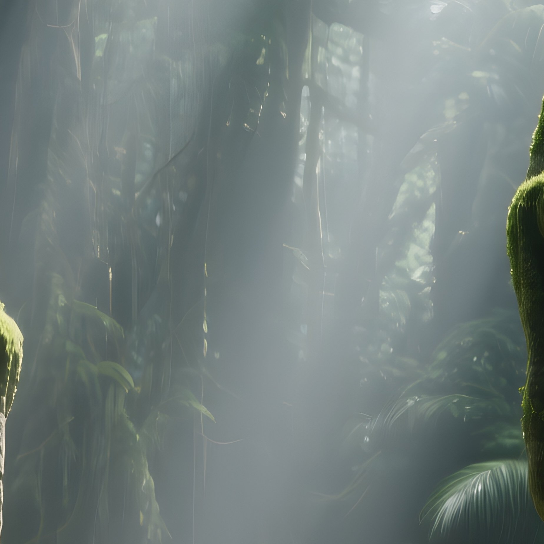 A Dense Jungle Clearing Bathed In Dappled Sunlight, Shafts Of Light Piercing Through Thick Canopy - Full Resolution Quality Preview