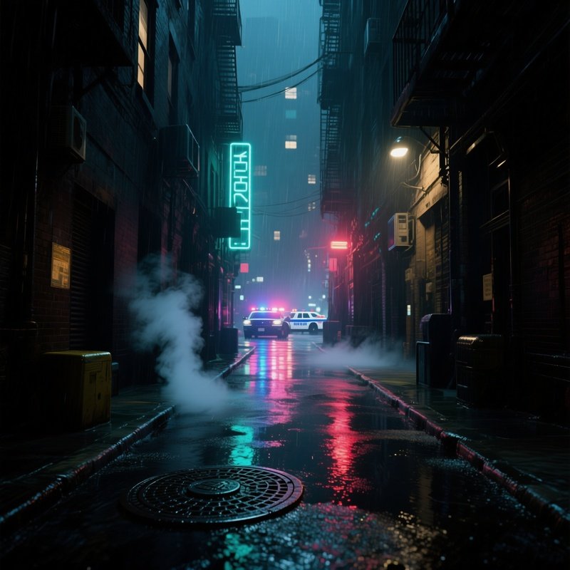 A Dense Urban Alleyway Drenched In Rain, Neon Reflections Shimmering On Wet Asphalt, Steam Rising