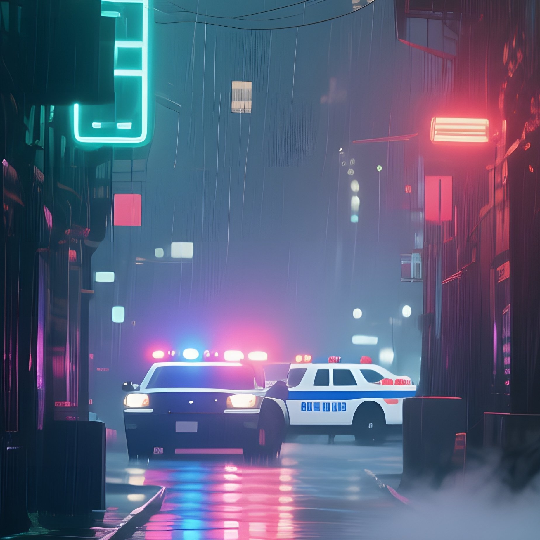 A Dense Urban Alleyway Drenched In Rain, Neon Reflections Shimmering On Wet Asphalt, Steam Rising - Full Resolution Quality Preview