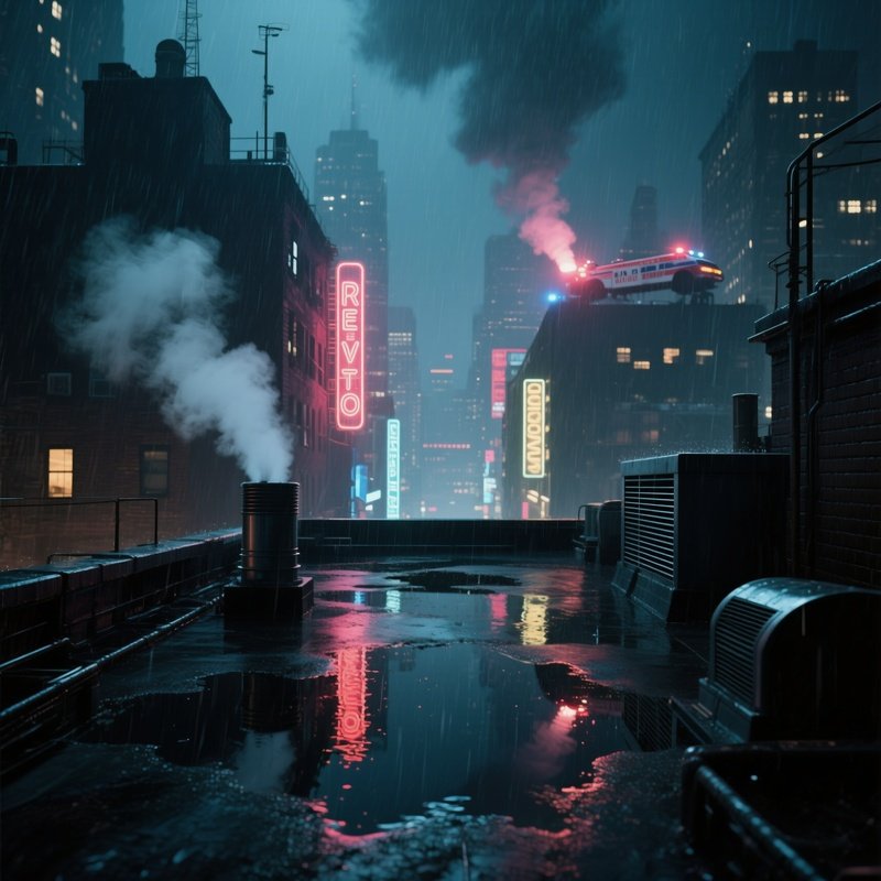 A Dense Urban Rooftop During A Heavy Rainstorm, Neon Signs Reflected On Puddles, Steam Rising From