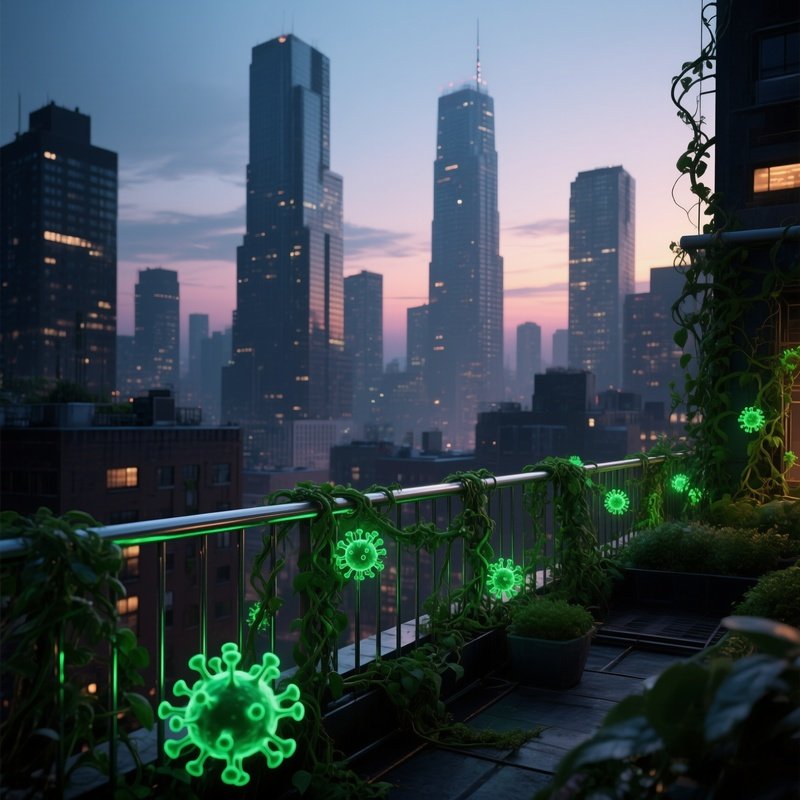 A Dense Urban Rooftop Garden At Twilight, Skyscrapers Looming While Luminous Green Virus Vines