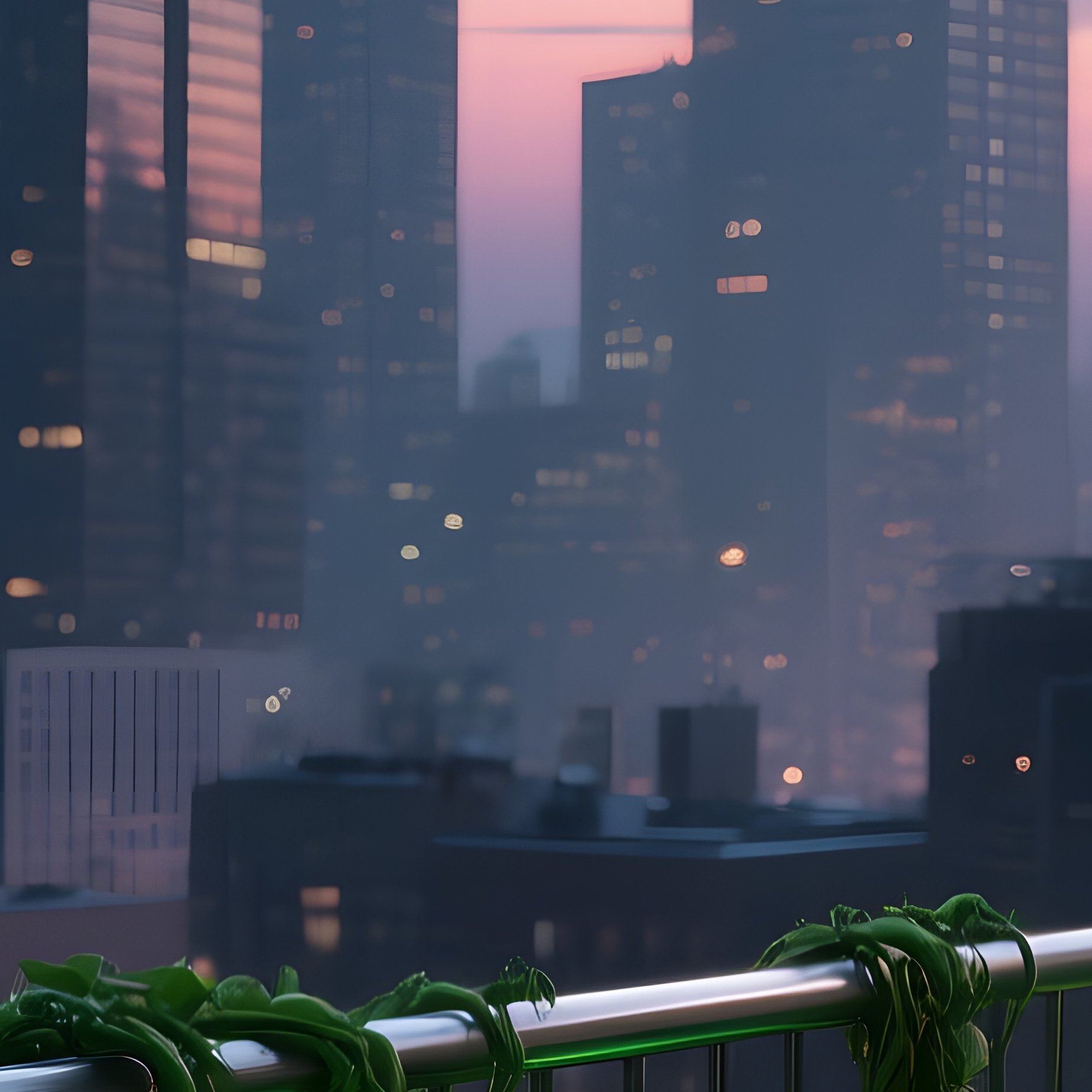 A Dense Urban Rooftop Garden At Twilight, Skyscrapers Looming While Luminous Green Virus Vines - Full Resolution Quality Preview