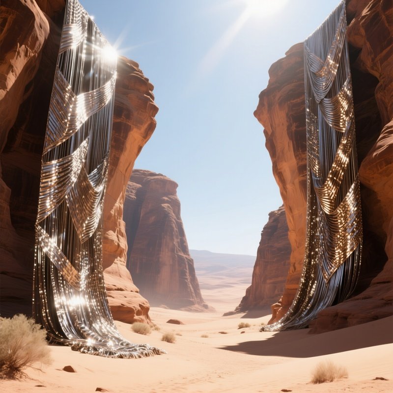 A Desert Canyon At Midday, Towering Sandstone Arches Are Draped With Massive Tapestries Woven From
