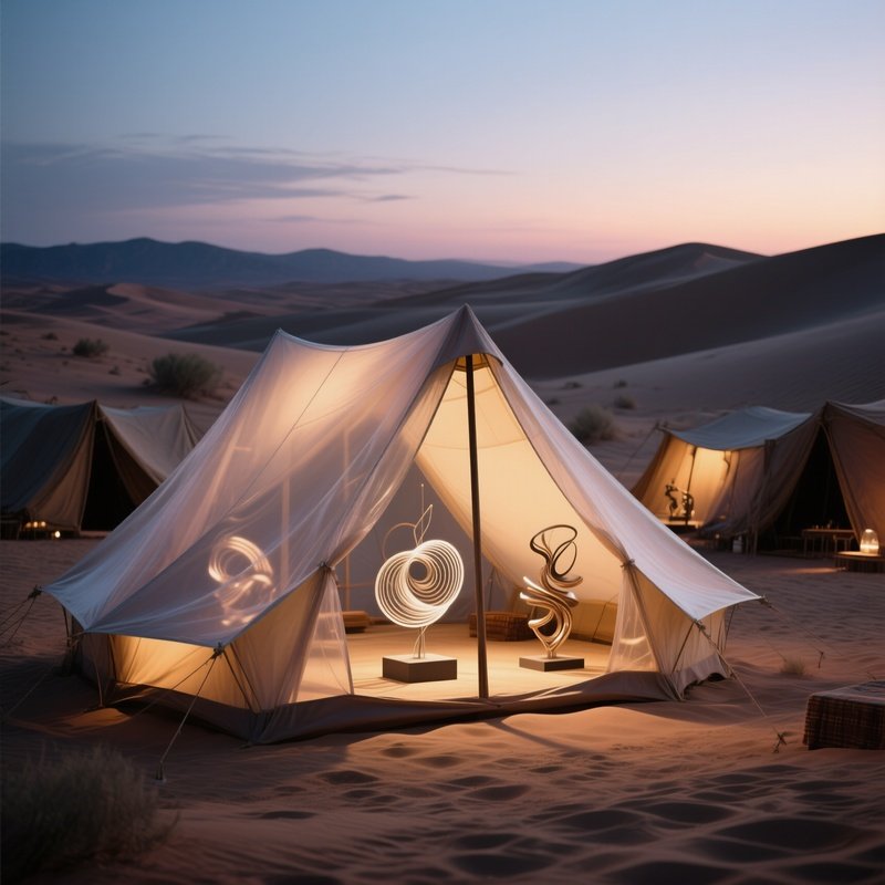 A Desert Caravan Camp At Twilight, Tents Made From Translucent Fabric Revealing Inside Displays Of