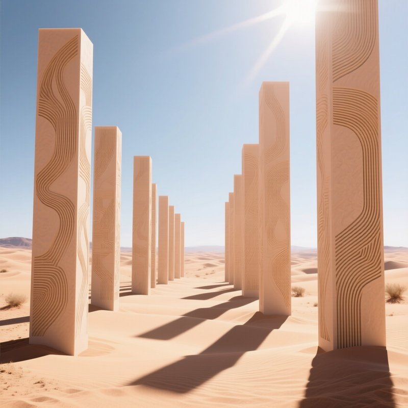 A Desert Installation Of Towering Sand Colored Polymer Columns, Each Engraved With Intricate Line