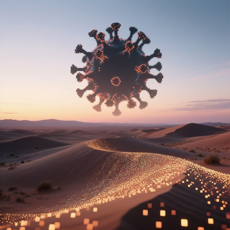 A Desert Landscape At Twilight, Dunes Shimmering With Digital Sand Made Of Tiny Pixel Particles,