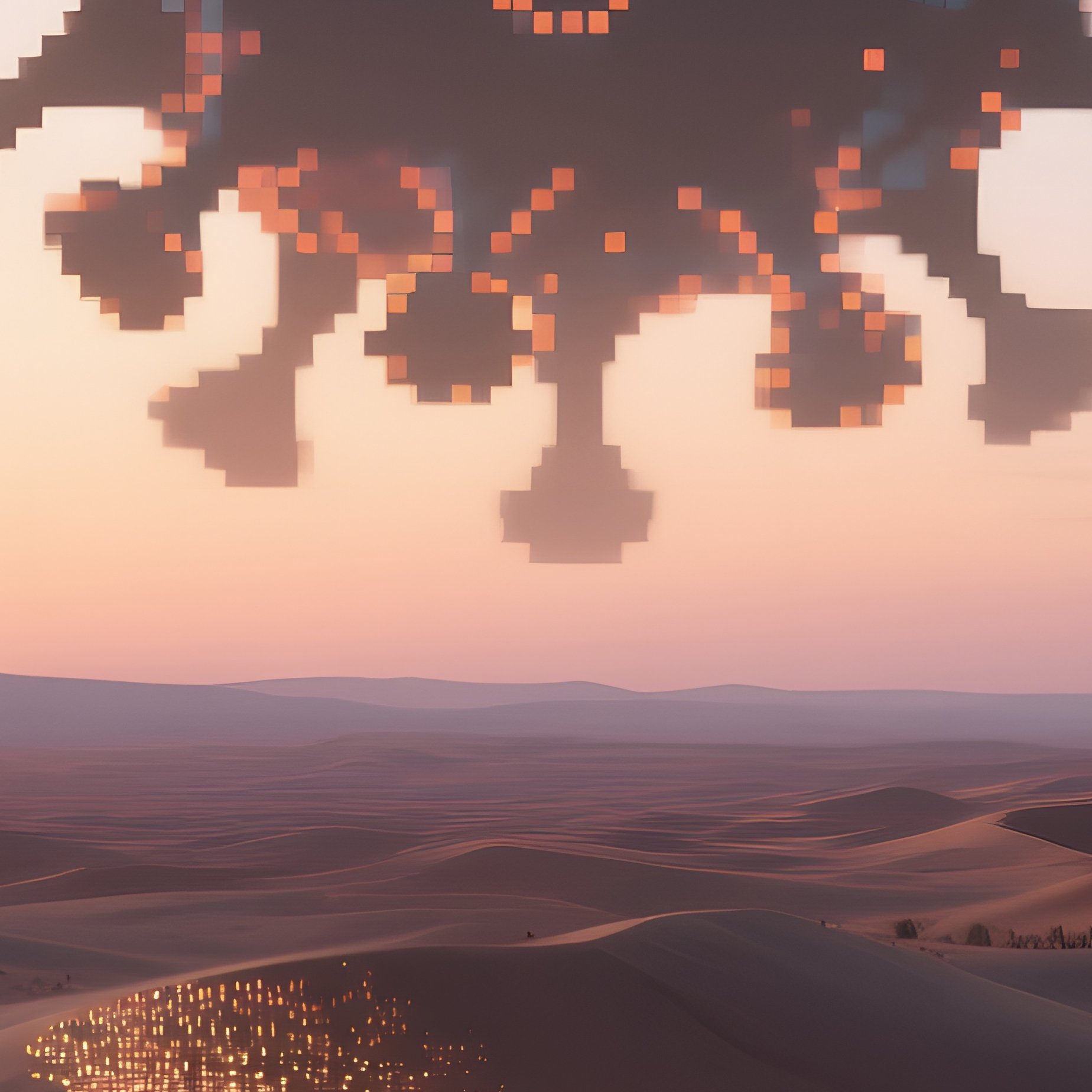 A Desert Landscape At Twilight, Dunes Shimmering With Digital Sand Made Of Tiny Pixel Particles, - Full Resolution Quality Preview